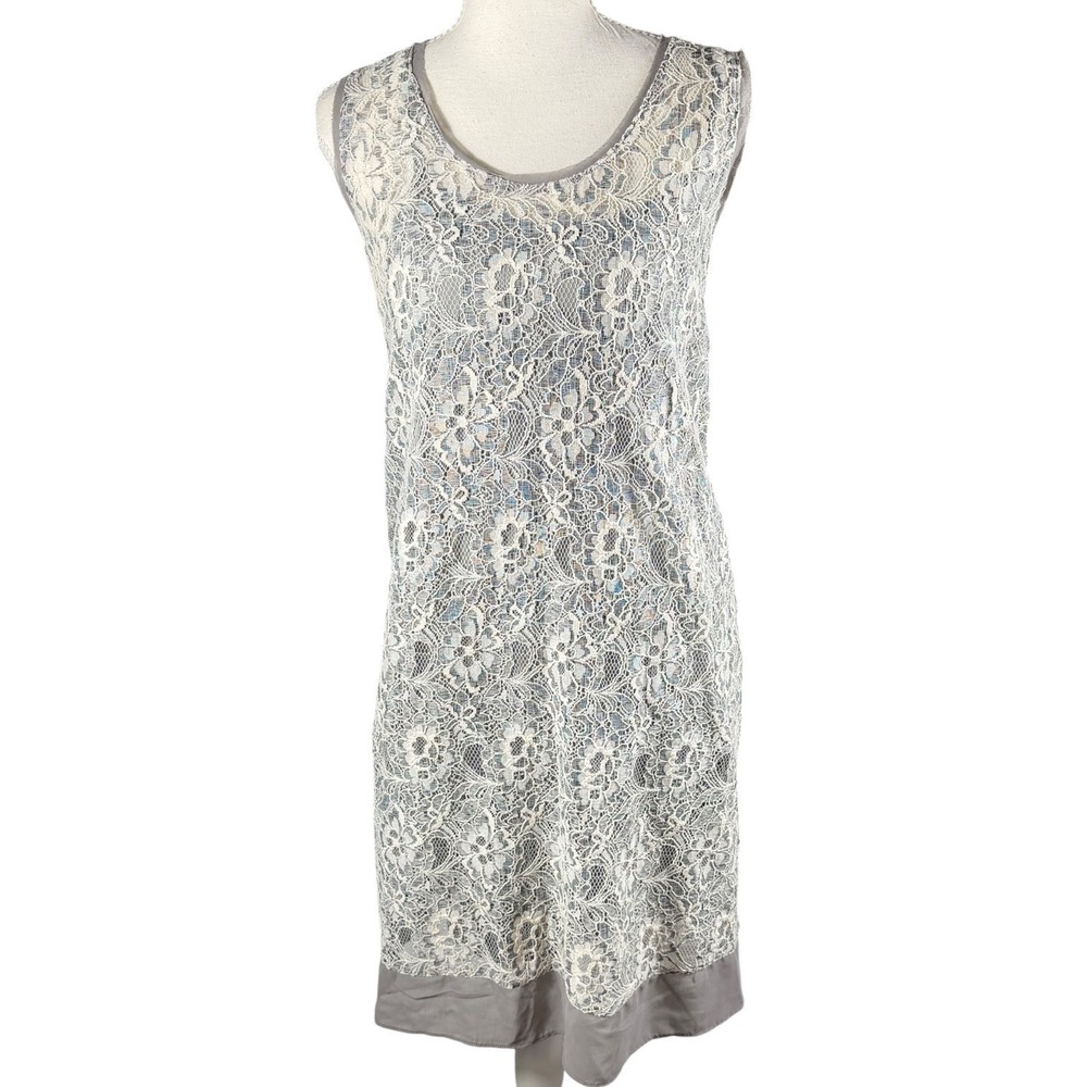 Simply Vera Vera Wang Lace Shift Dress Womens L Grey Floral Sleeveless Pockets - Picture 2 of 9
